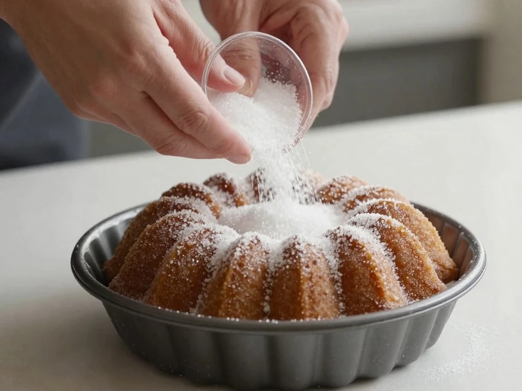 Coating a greased Bundt pan with sugar for a crunchy crust