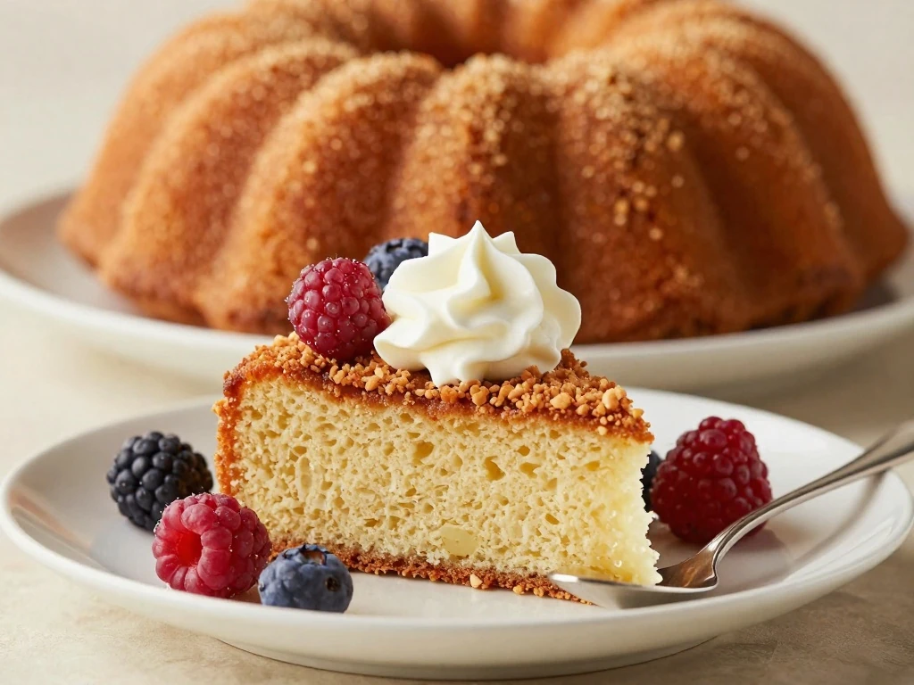 Pound cake slice served with berries and whipped cream