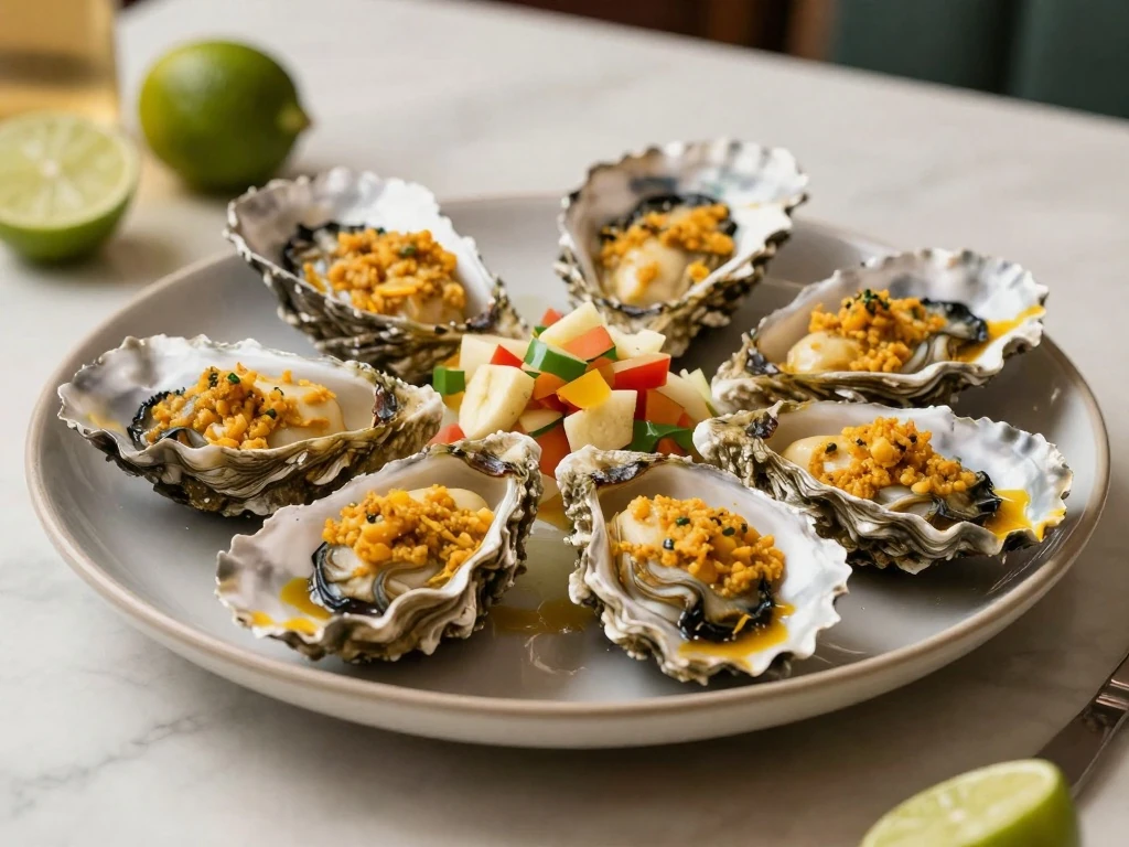 Curried oysters served with colorful banana salsa on a classic appetizer platter
