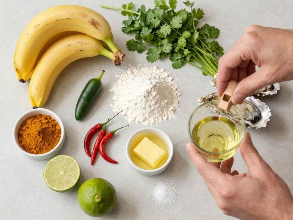 Ingredients for curried oysters with banana salsa arranged in a flat lay
