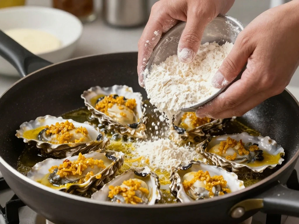 Curry-coated oysters frying in butter and oil in a skillet