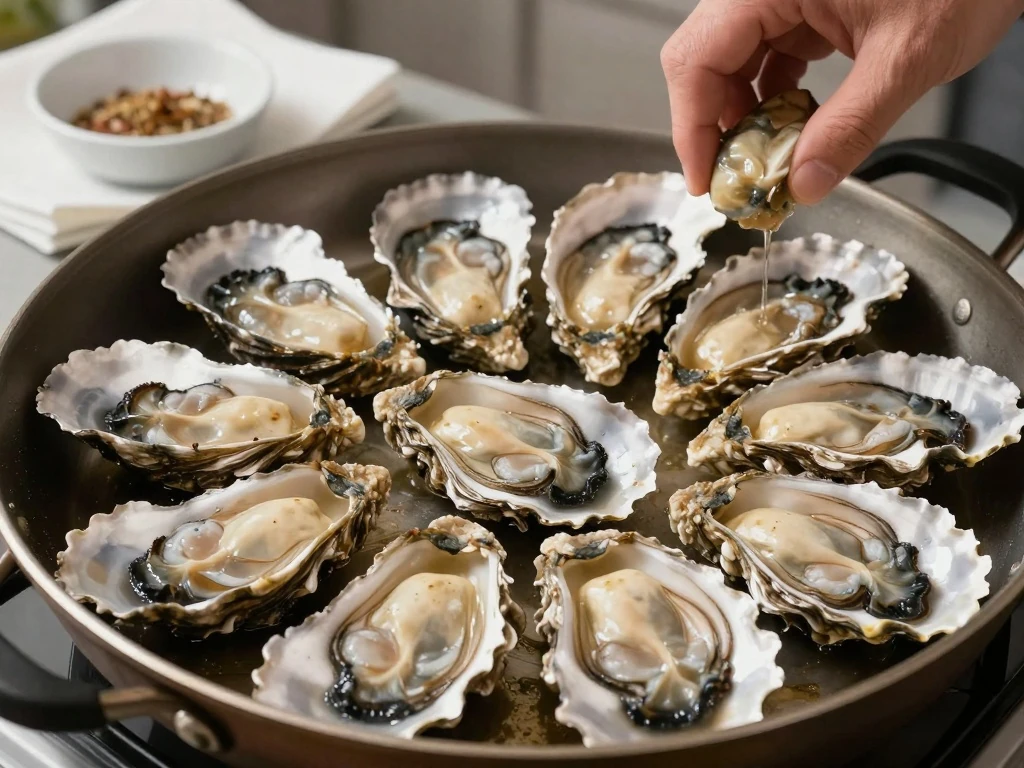 Oysters spaced in a skillet for even browning