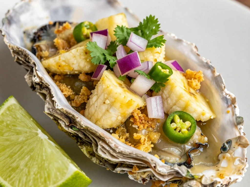Close-up of a curried oyster topped with banana lime salsa