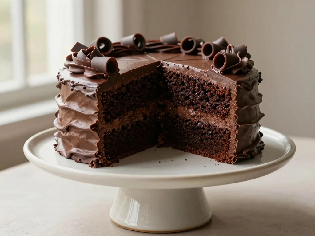 Two-layer dairy-free chocolate cake with glossy frosting and a moist crumb
