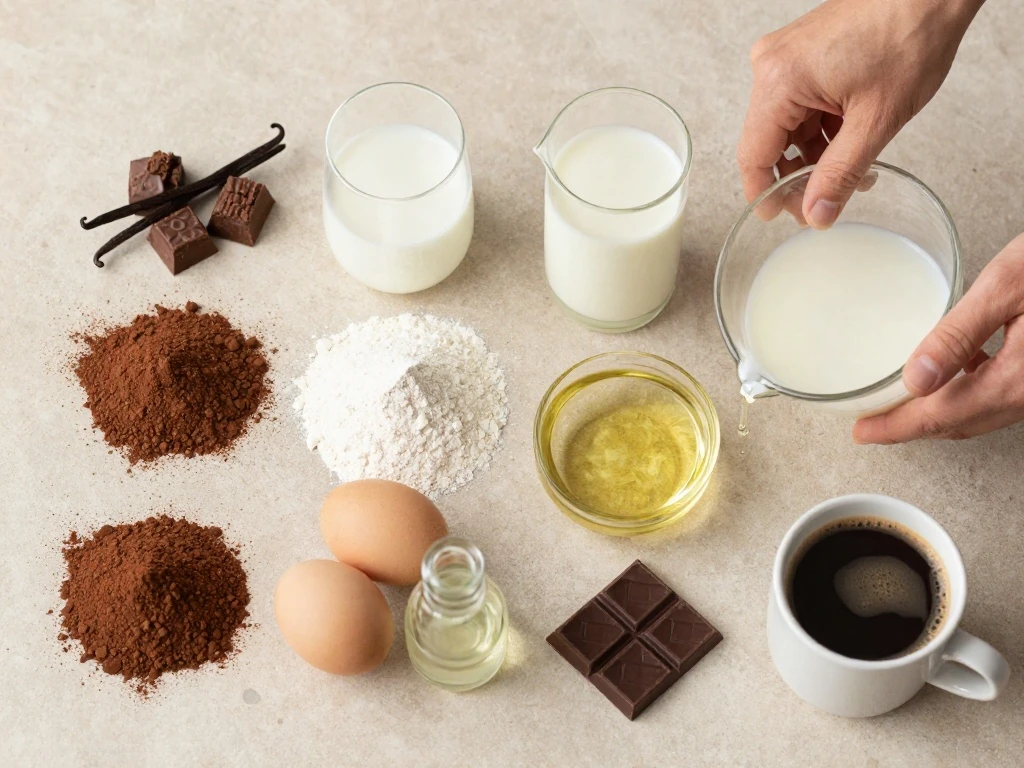 Ingredients for a dairy-free chocolate cake arranged in a flat lay