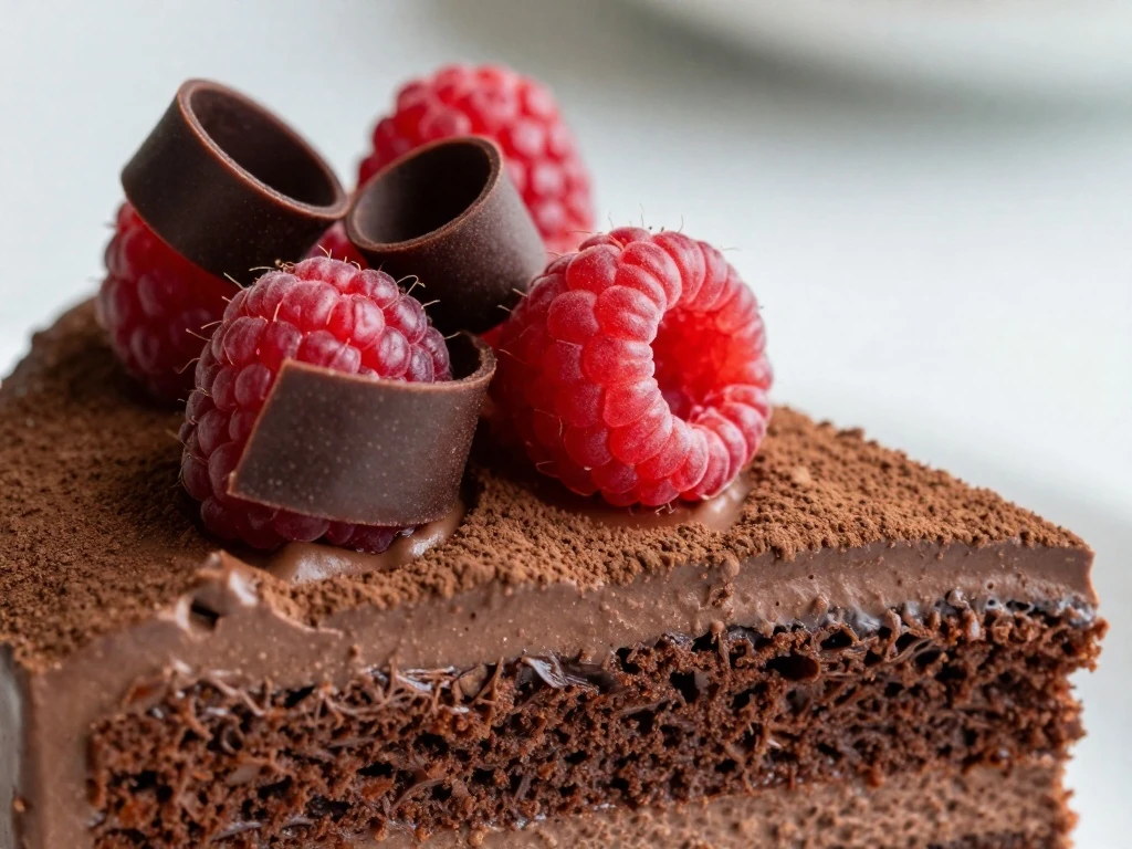 Dairy-free chocolate cake slice with raspberries and chocolate curls