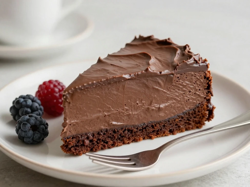 Ready-to-serve slice of dairy-free chocolate cake with berries