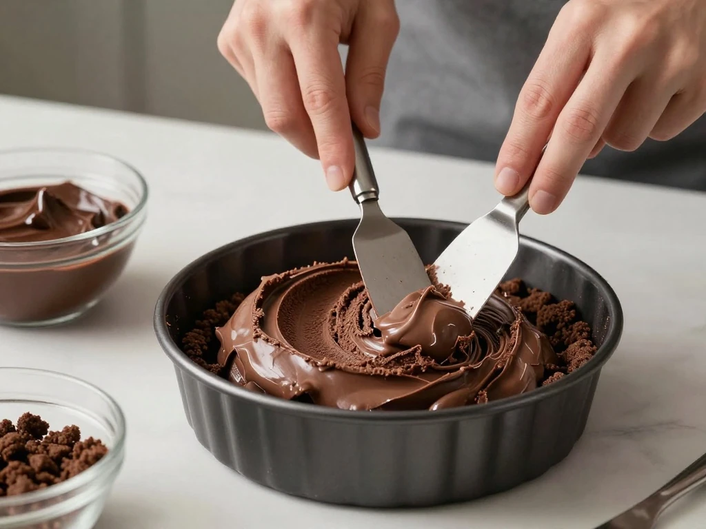 Spreading chocolate ice cream over the cookie crust