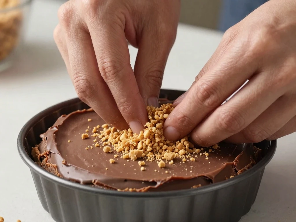 Adding the fudge and cookie crunch center to an ice cream cake