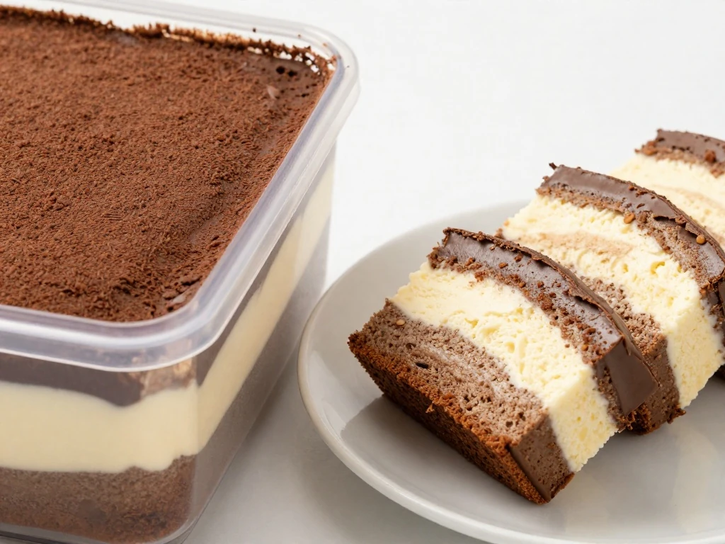 Stored and sliced mini ice cream cake with distinct layers