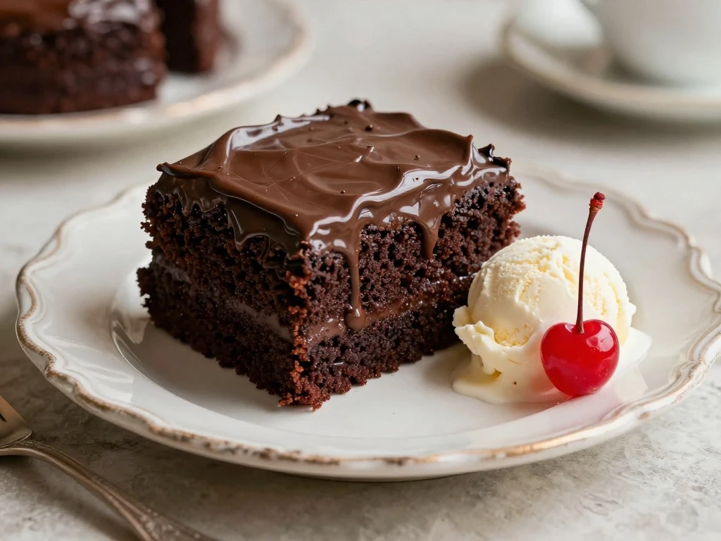 Slice of moist Dr. Pepper chocolate cake with fudgy frosting and vanilla ice cream