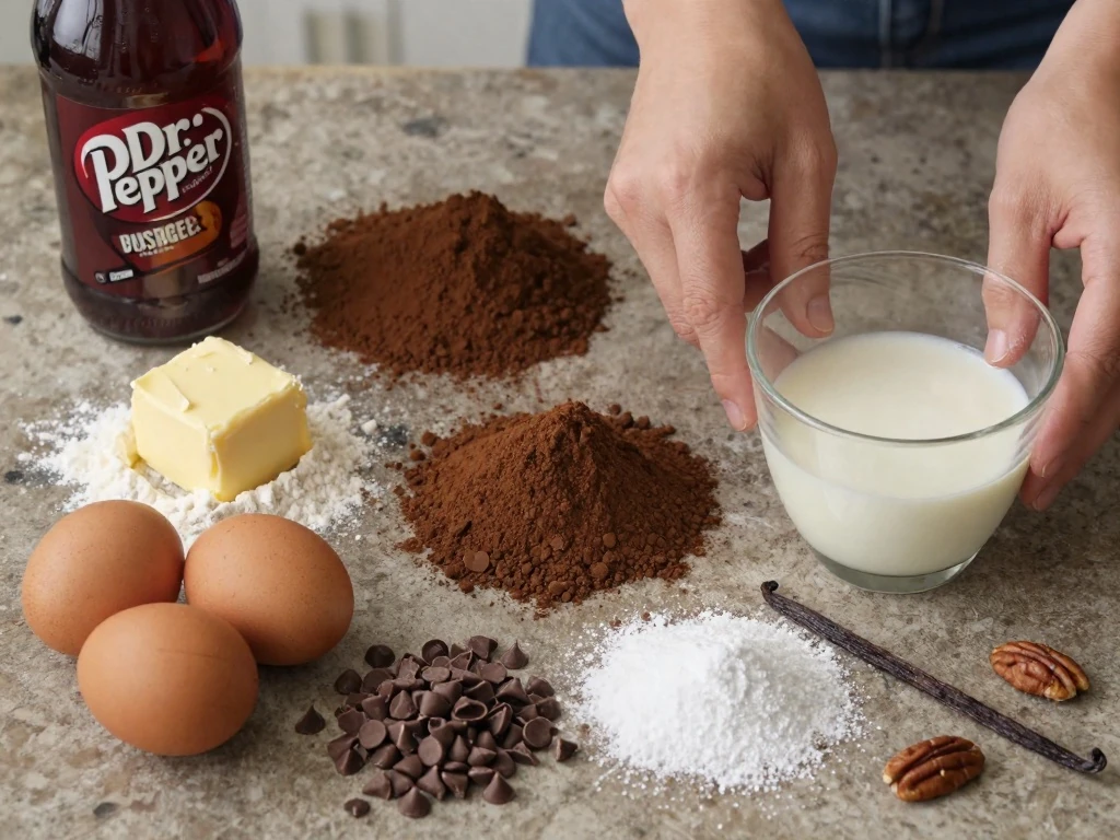 Ingredients for homemade Dr. Pepper chocolate cake arranged on a kitchen counter