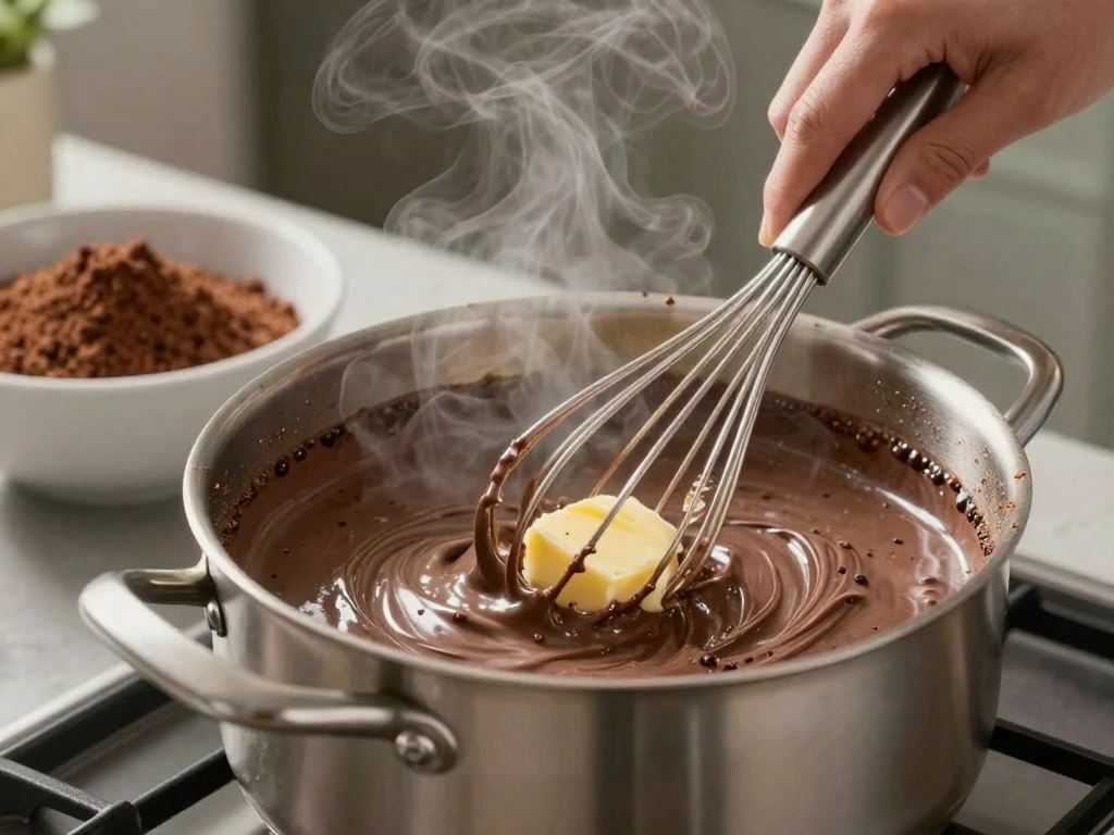 Warm chocolate and Dr. Pepper mixture being prepared for cake batter