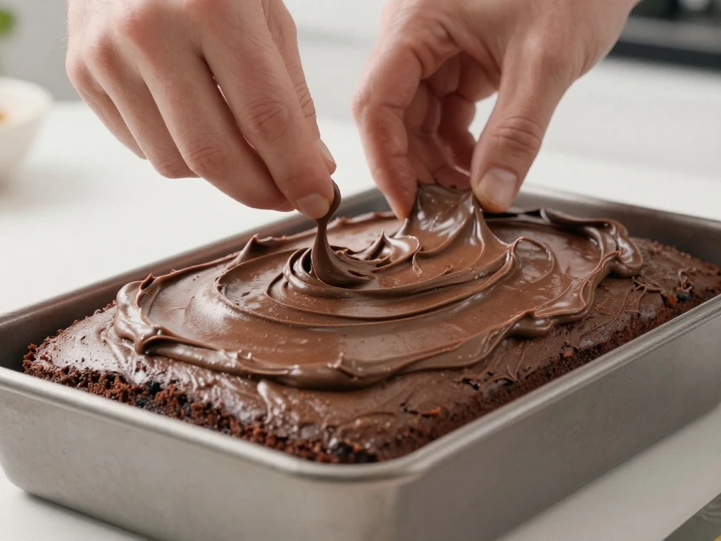 Warm chocolate frosting spread over freshly baked Dr. Pepper cake