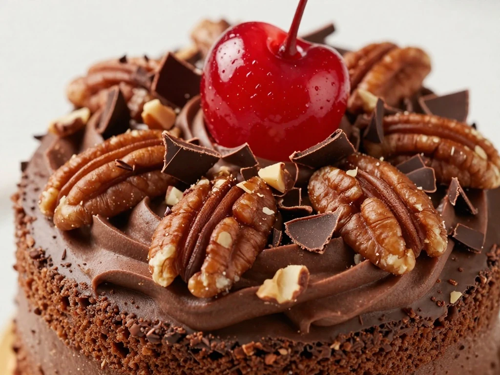 Close-up of Dr. Pepper cake with chocolate frosting, pecans, chocolate shavings, and cherry