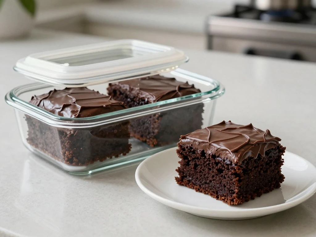 Stored Dr. Pepper chocolate cake squares showing moist crumb and chocolate frosting