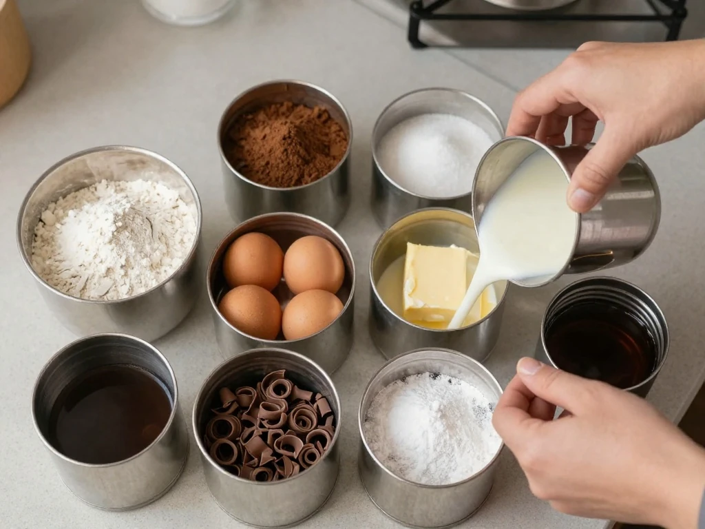 Ingredients for chocolate dream cake in a tin can