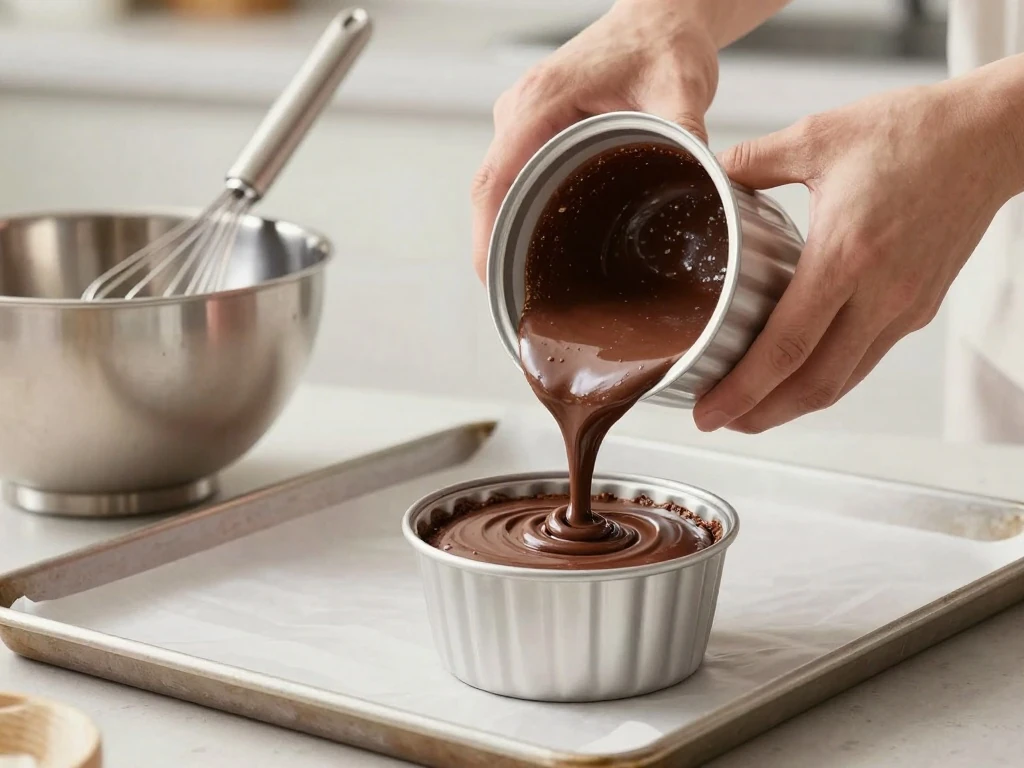 Chocolate cake batter being poured into prepared tin cans