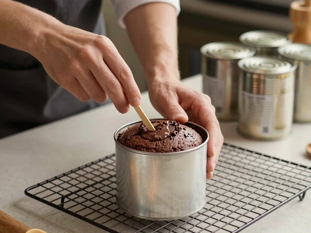 Checking the doneness of a chocolate cake baked in a can