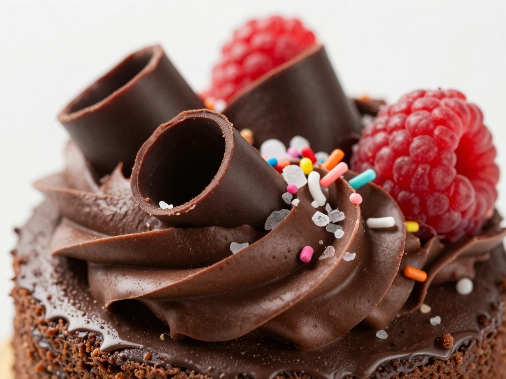 Chocolate cake with buttercream, chocolate curls, berries, and sprinkles