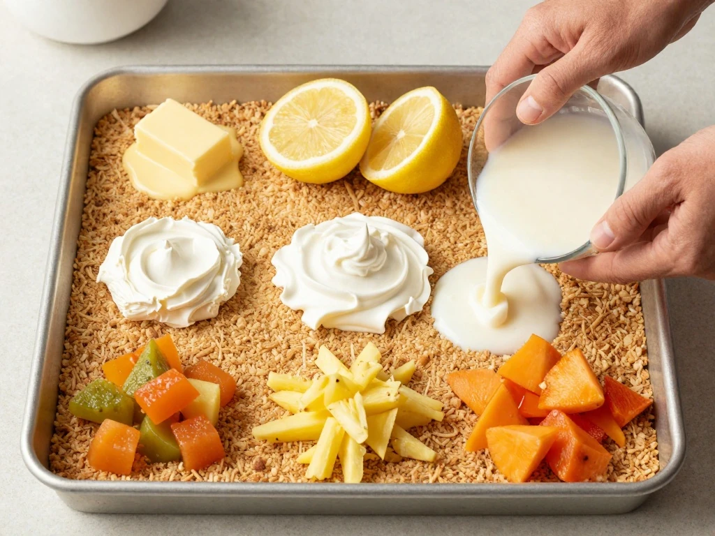 Ingredients for no-bake fruit Dream Cake