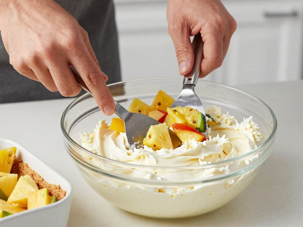 Folding fruit into the creamy Dream Cake filling