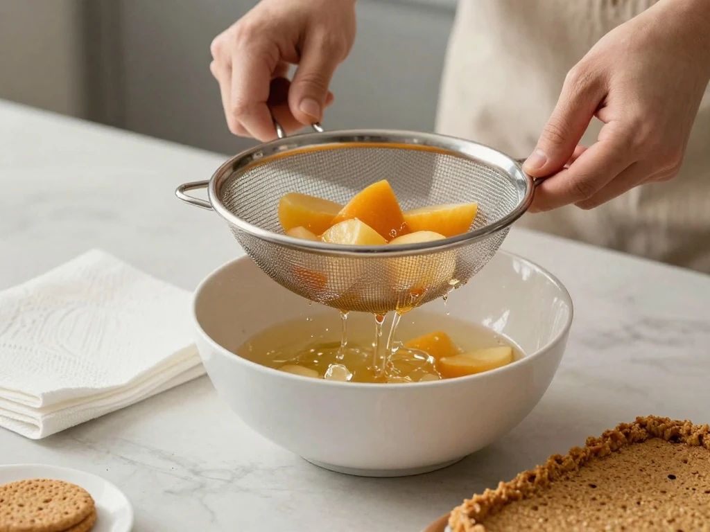 Draining canned fruit thoroughly for Dream Cake