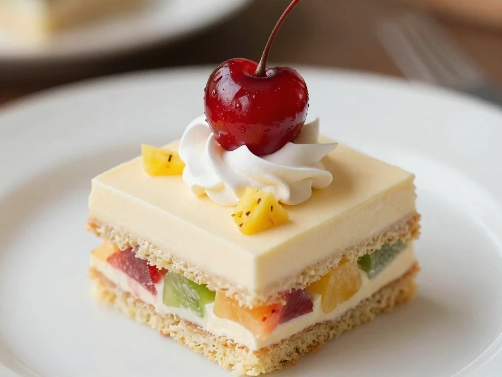 Dream Cake slice with whipped topping, cherry, and fruit garnish