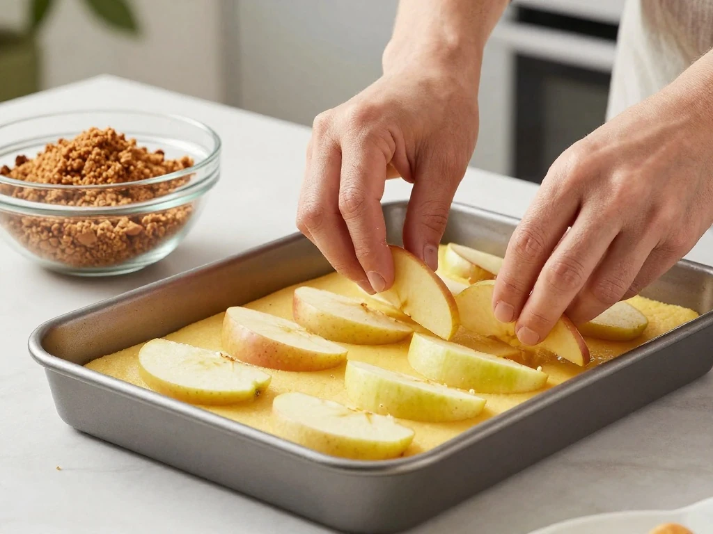 Arranging cinnamon apples over a cake mix base