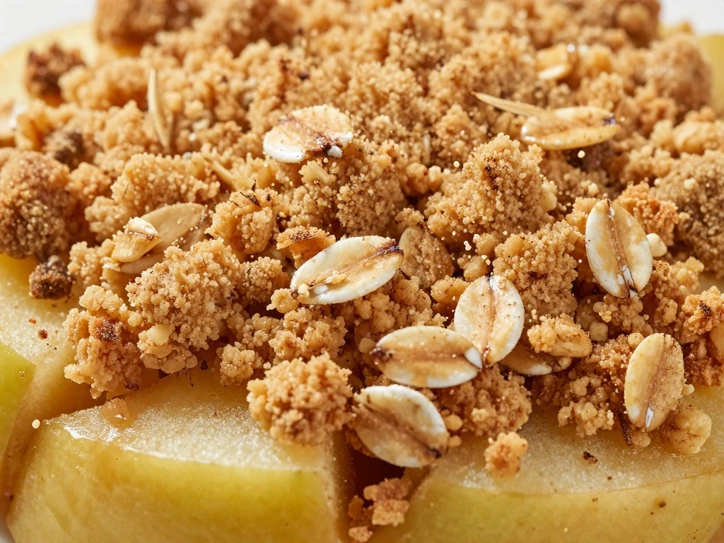 Close-up of crisp cinnamon crumble and tender apples