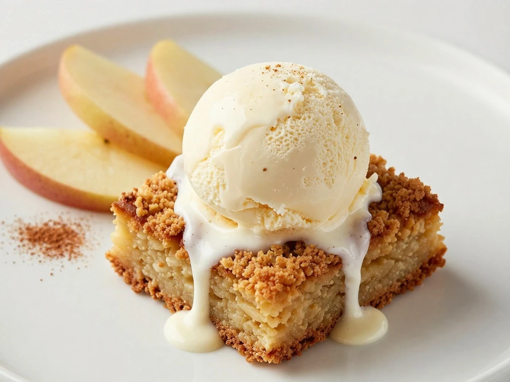 Apple cake served warm with vanilla ice cream