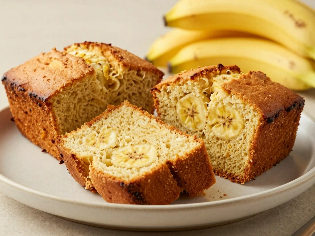 Sliced easy banana cake loaf served on a plate