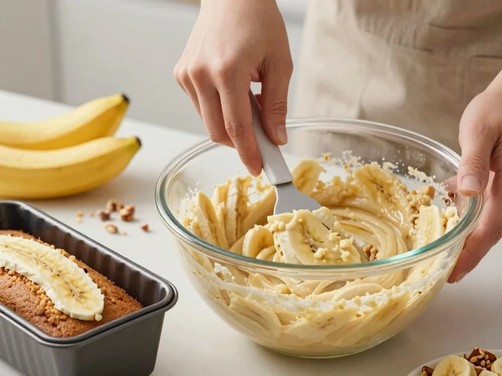 Folding banana cake batter before baking