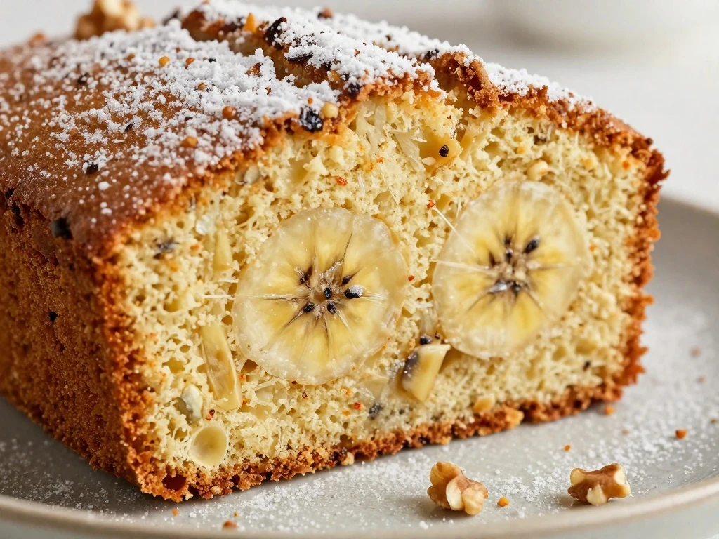 Close-up of moist banana cake crumb with walnuts