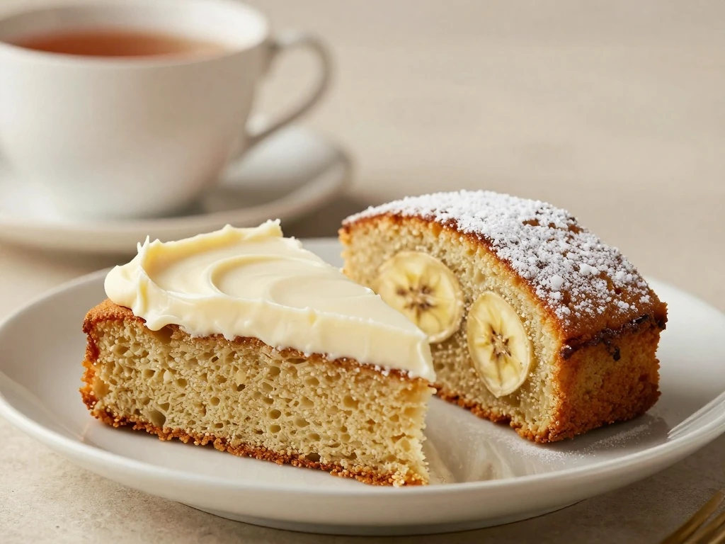 Banana cake served with cream-cheese frosting and icing sugar