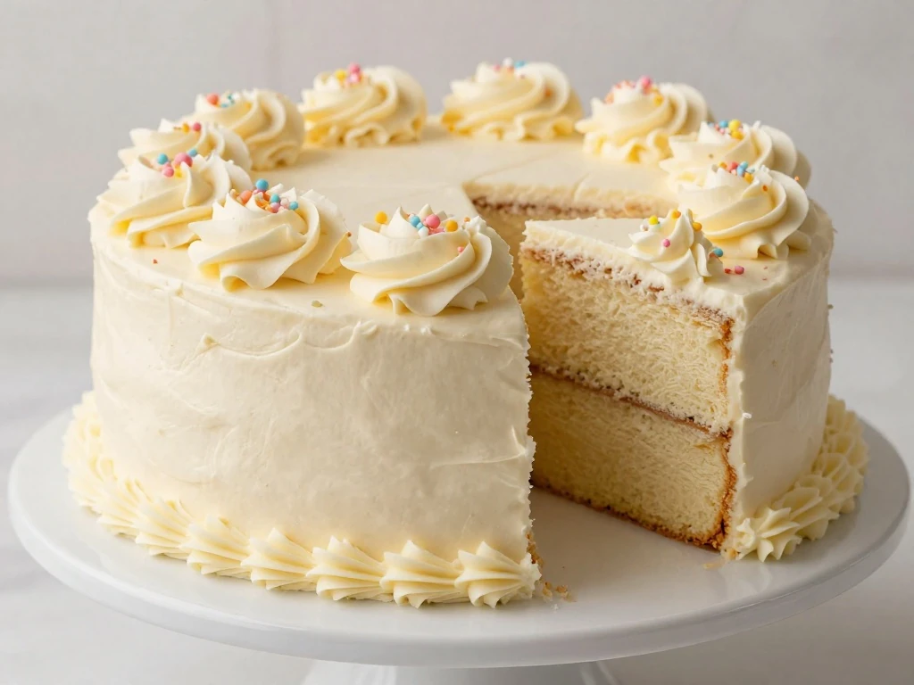 Finished cake covered with easy homemade vanilla frosting