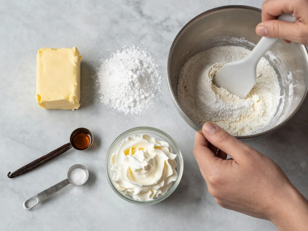 Ingredients for easy vanilla cake frosting arranged on a countertop
