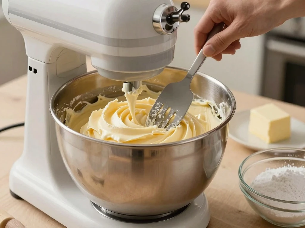 Buttercream being mixed until light and fluffy