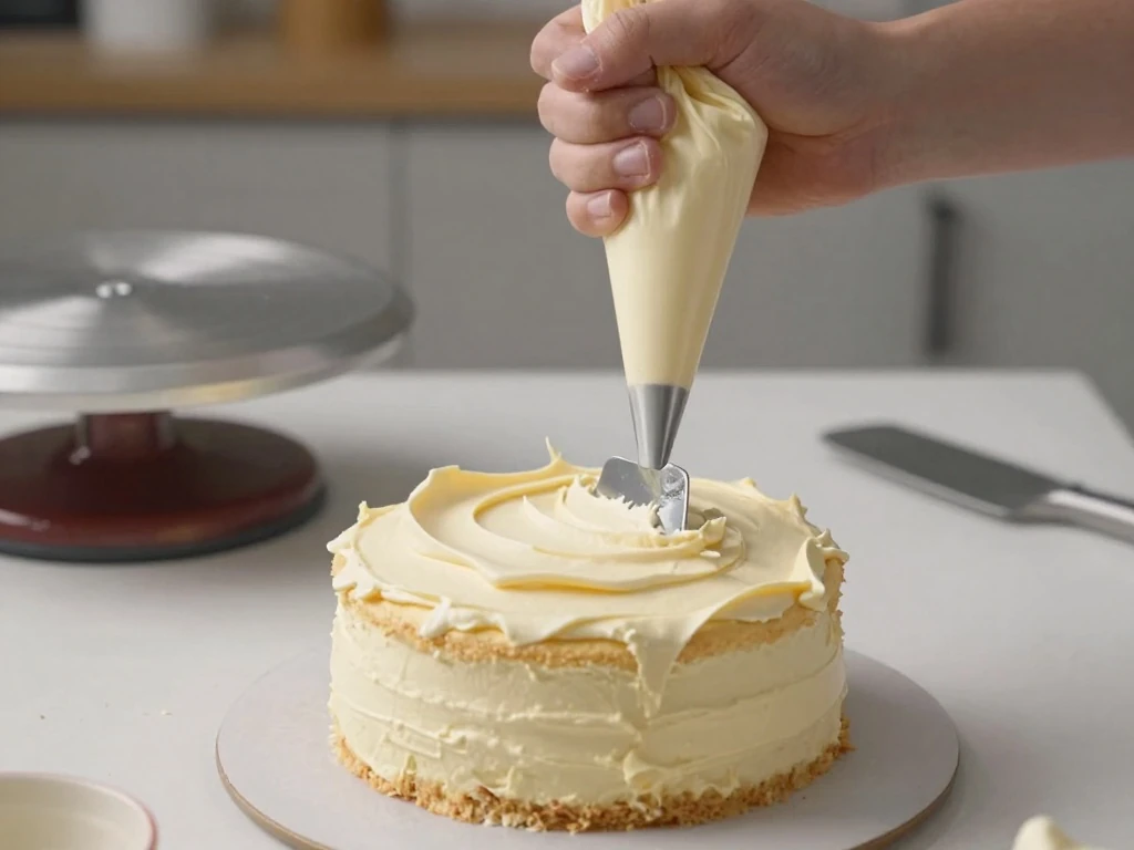 Smooth buttercream being spread over a cake with an offset spatula
