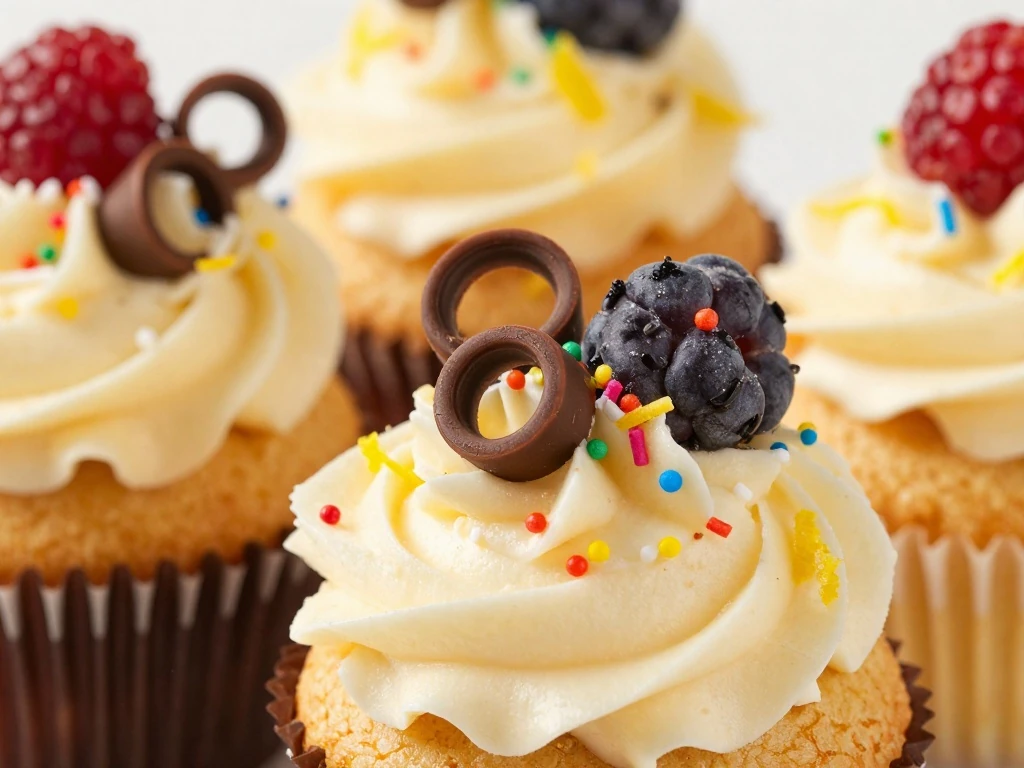 Decorated cupcakes showing different cake frosting topping ideas