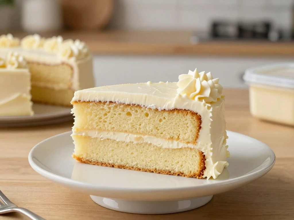 Slice of frosted vanilla cake ready to serve