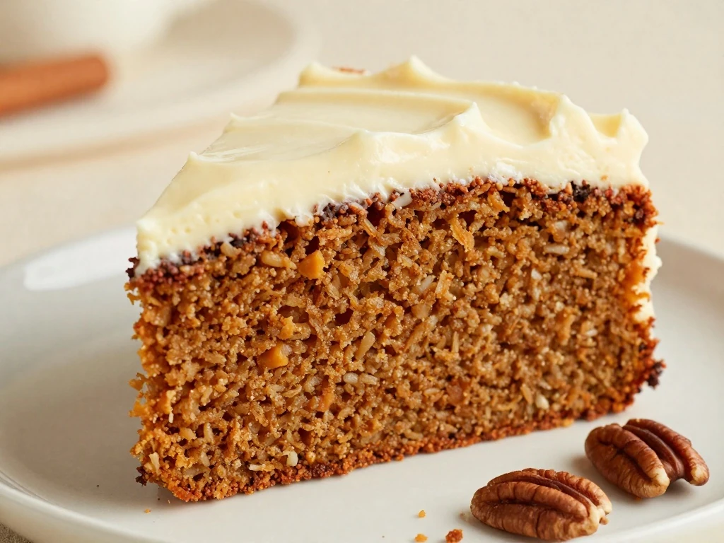 Slice of easy homemade carrot cake with cream cheese frosting