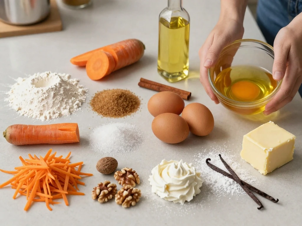 Ingredients for easy carrot cake and cream cheese frosting