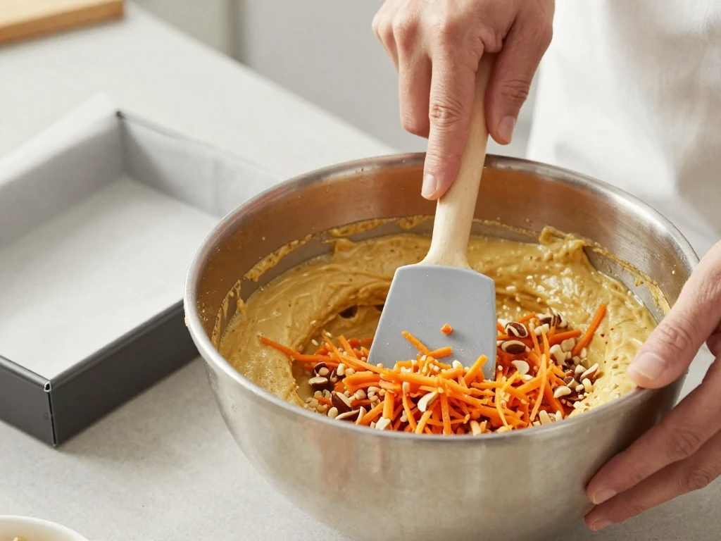 Folding grated carrots into carrot cake batter