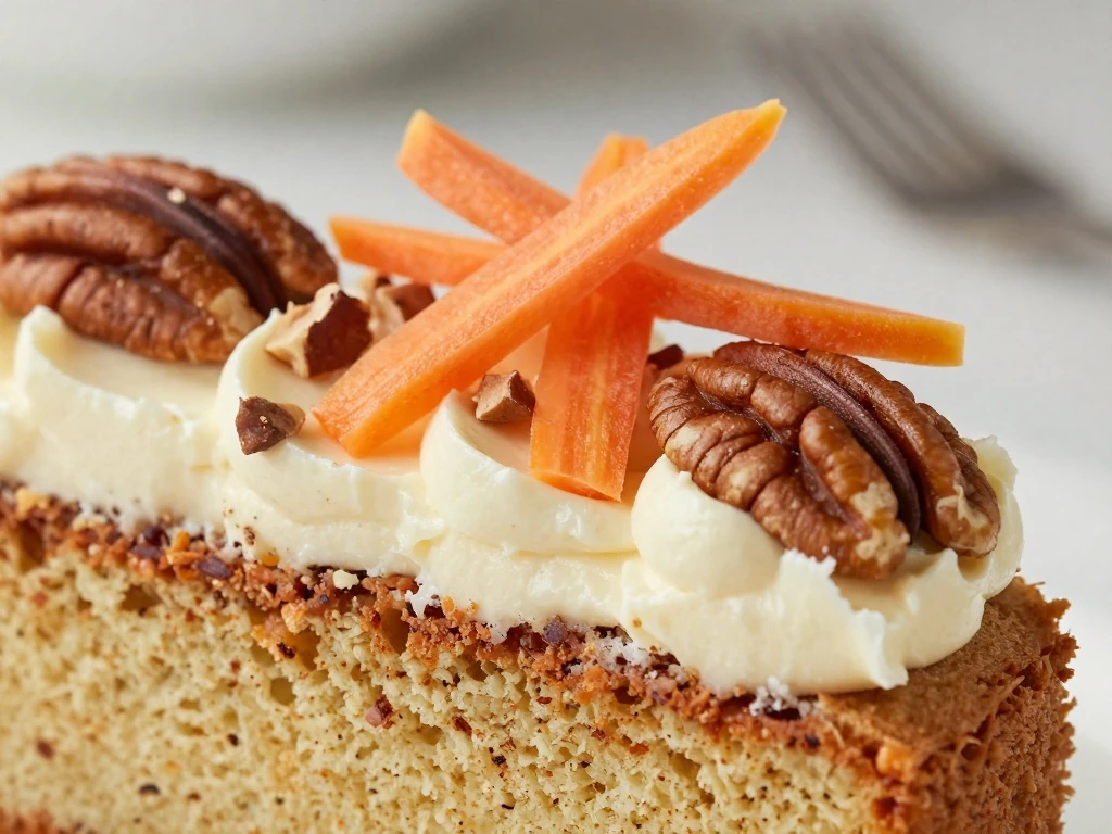 Carrot cake slice decorated with pecans and carrot ribbons
