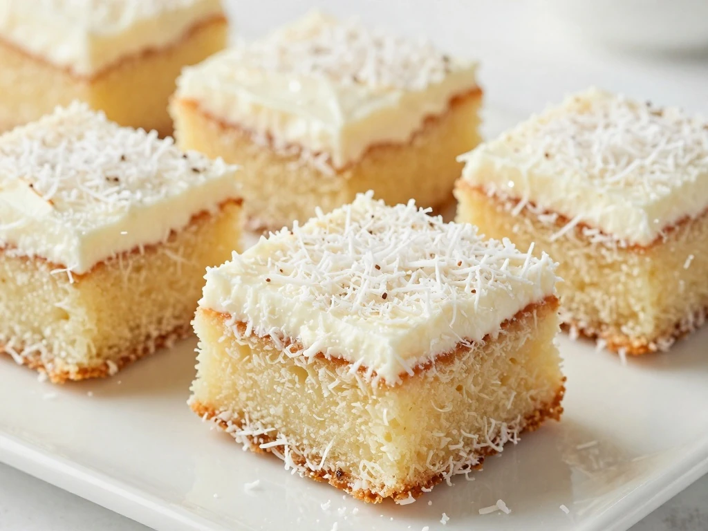 Frosted coconut cake squares ready to serve