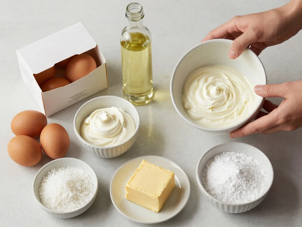 Ingredients for easy coconut cake and cream-cheese frosting