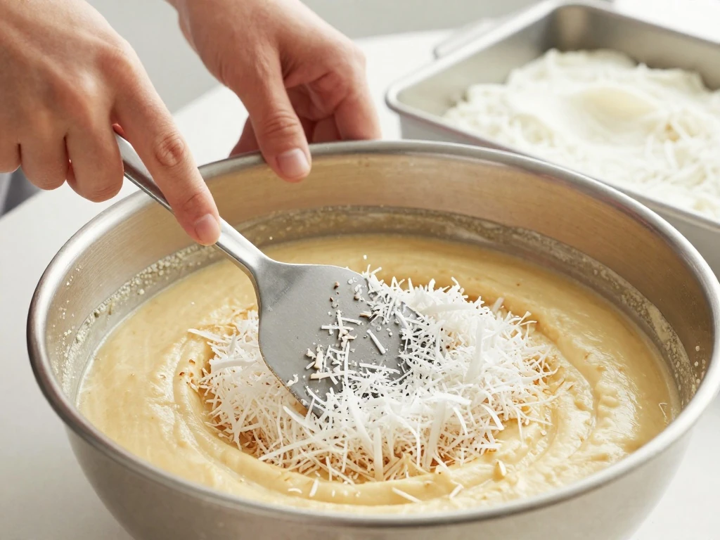 Folding shredded coconut into cake batter