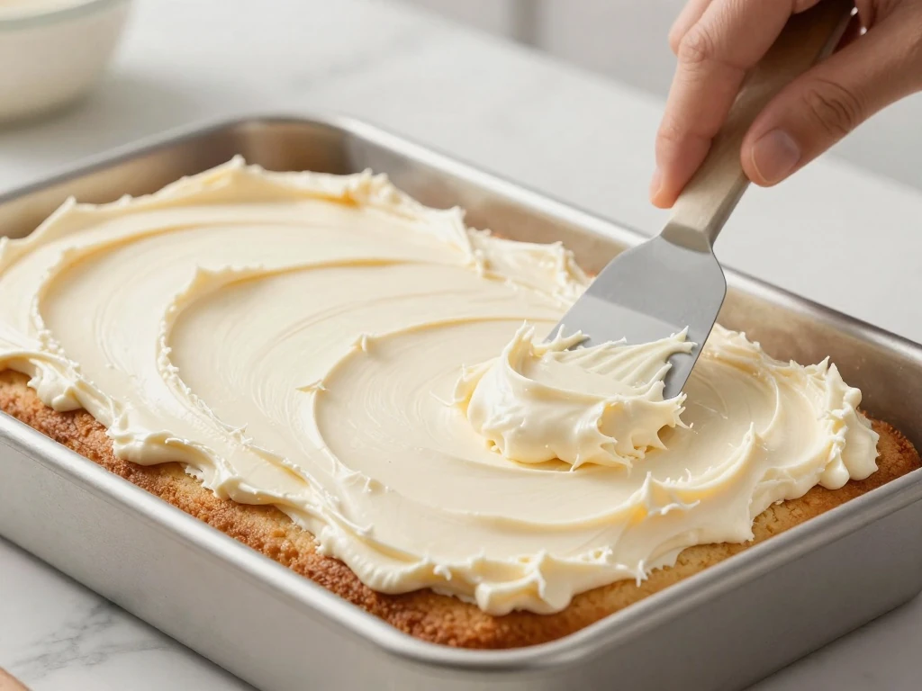 Spreading cream-cheese frosting over coconut cake