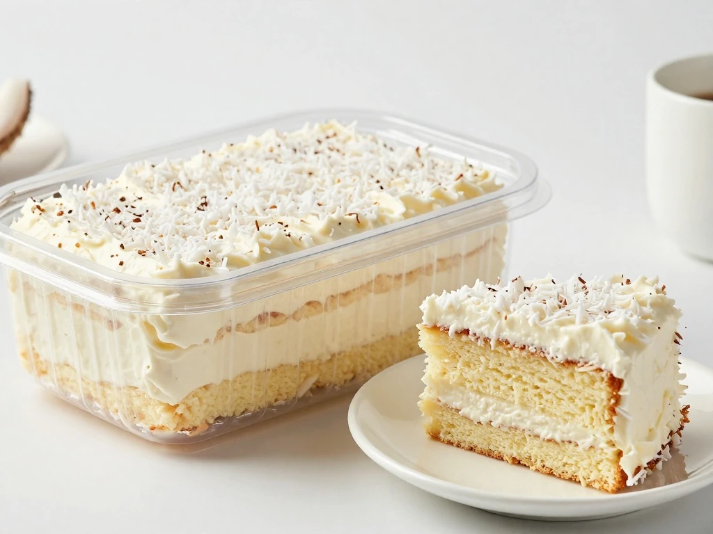 Covered coconut cake ready for refrigerator storage